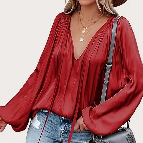 Red Casual Women's Lantern Sleeve Elegant Tie-Front Pleated Blouse - Picture 2 of 5